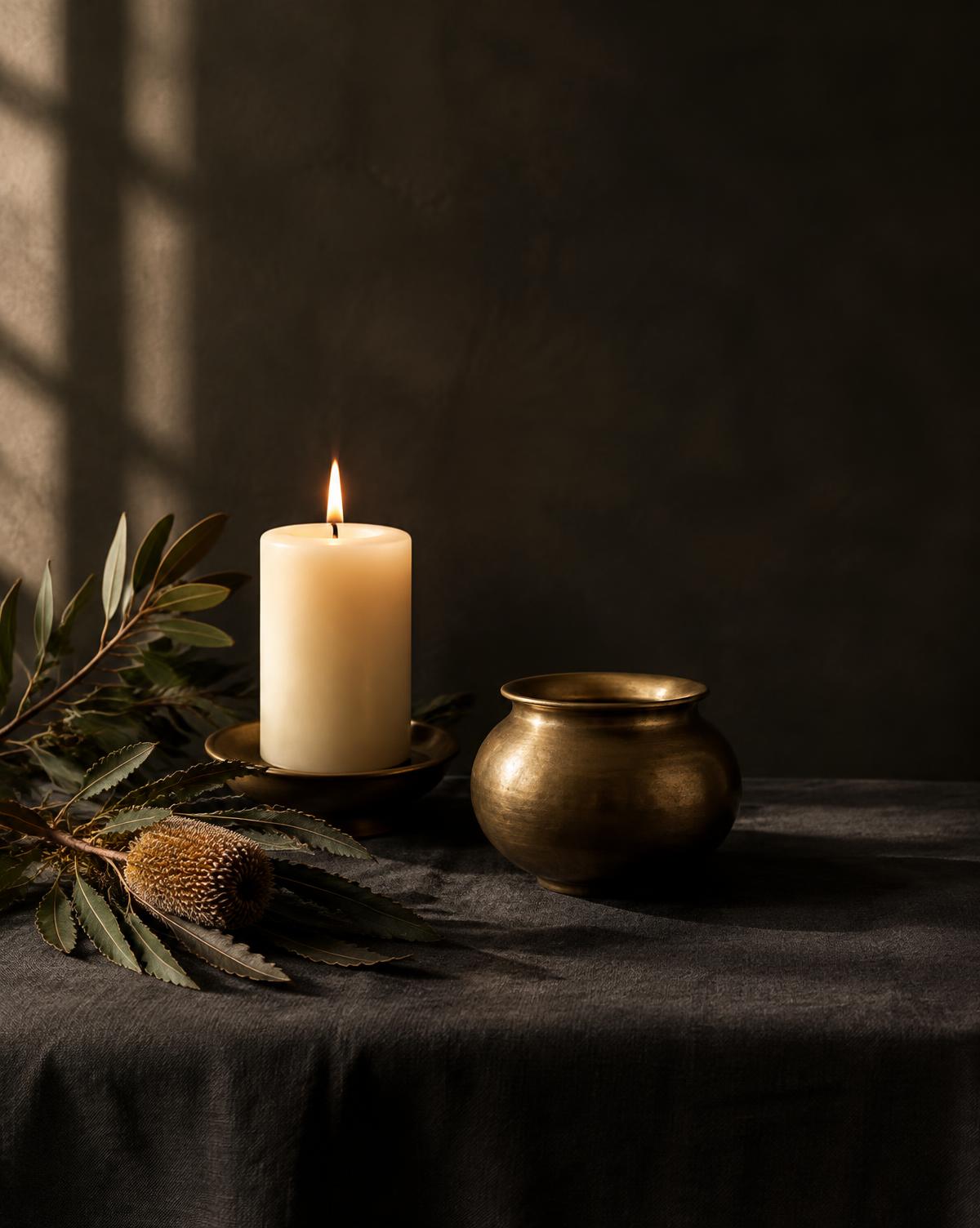 A candle and brass vessel in a quiet spiritual setting